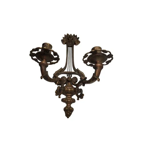 vintage early century heavy bronze ornate musical instrument theme candle sconce